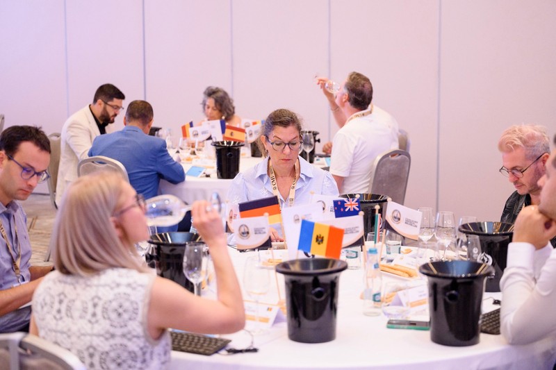 Nicole Wolbers judging wines as part of an international tasting panel.